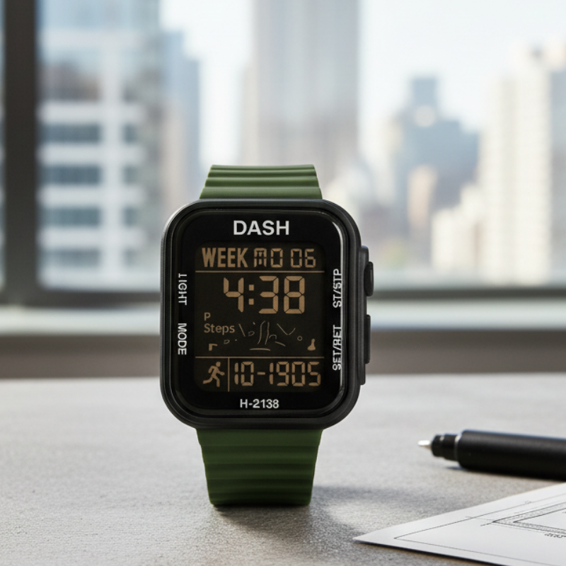 ساعة يد رقمية بشاشة مستطيلة للرجال مع إضاءة LED حزام لون أخضر
