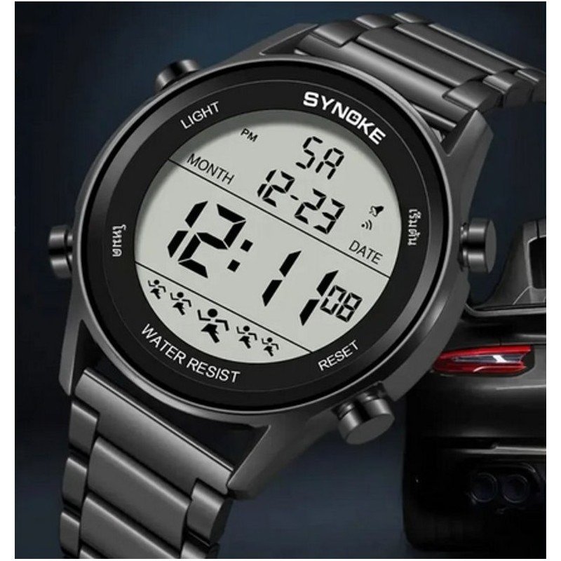 ساعة يد رقمية رجالية من SYNOKE بتصميم فاخر وحزام من الستانلس ستيل المقاوم للصدأ مقاومة لرذاذ الماء مع إضاءة LED أنيقة لون أسود