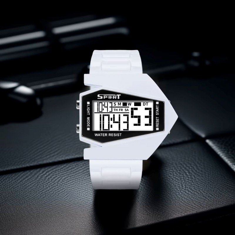 ساعة يد رقمية رياضية للرجال مع إضاءة LED حزام سيليكون لون أبيض