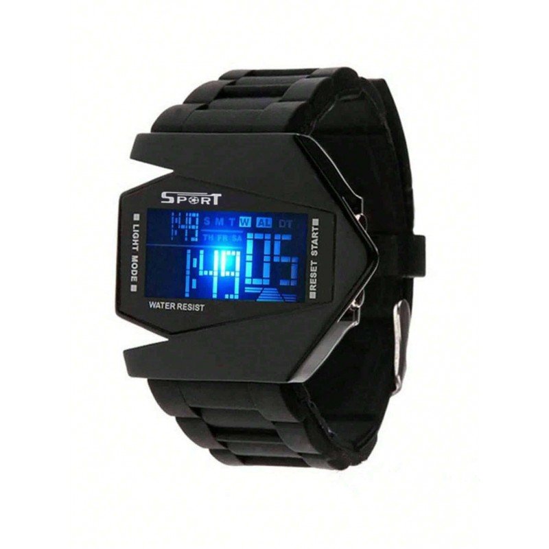 ساعة يد رقمية رياضية للرجال مع إضاءة LED حزام سيليكون لون أسود