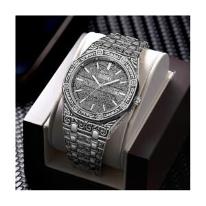 ساعة يد فاخرة للرجال بنقوش عربية مع حزام ستانلس لون سيلفر