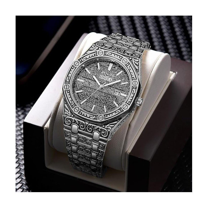 ساعة يد فاخرة للرجال بنقوش عربية مع حزام ستانلس لون سيلفر