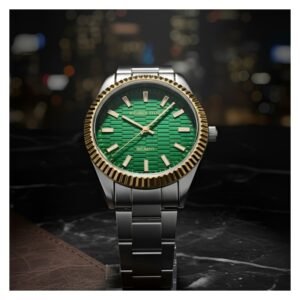 ساعة يد فاخرة للرجال مع حزام ستانلس لون سيلفر مع ذهبي وارضية لون أخضر ماركة EPHATAH ESTAR