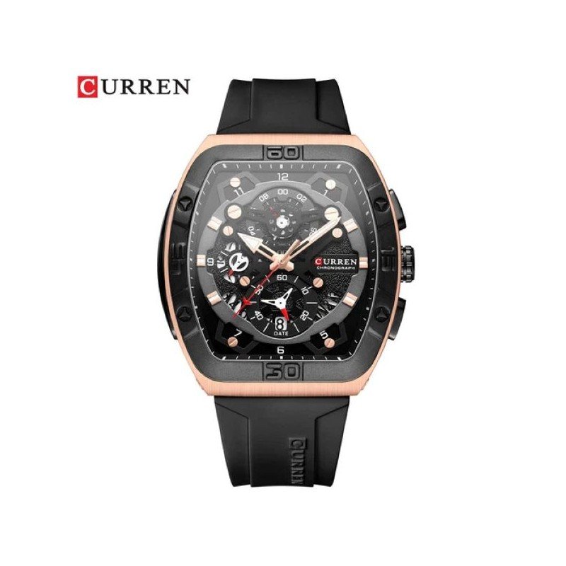 ساعة يد فاخرة للرجال مع حزام سيلكون أنيق ماركة Curren لون أسود