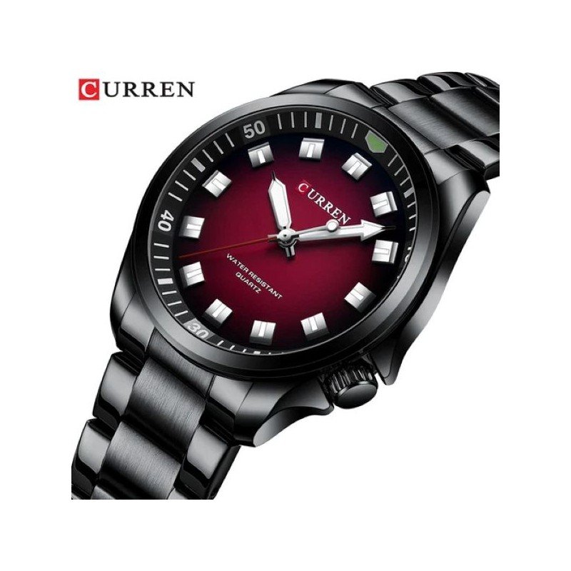 ساعة يد مميزة للرجال مع حزام ستانلس ماركة Curren لون أسود وخلفية أحمر غامق