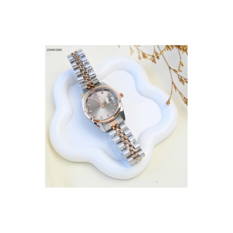 ساعة يد نسائية أنيقة اللون فضي و روز جولد من ماركة FJ مع كفالة سنتين ضد تغير اللون