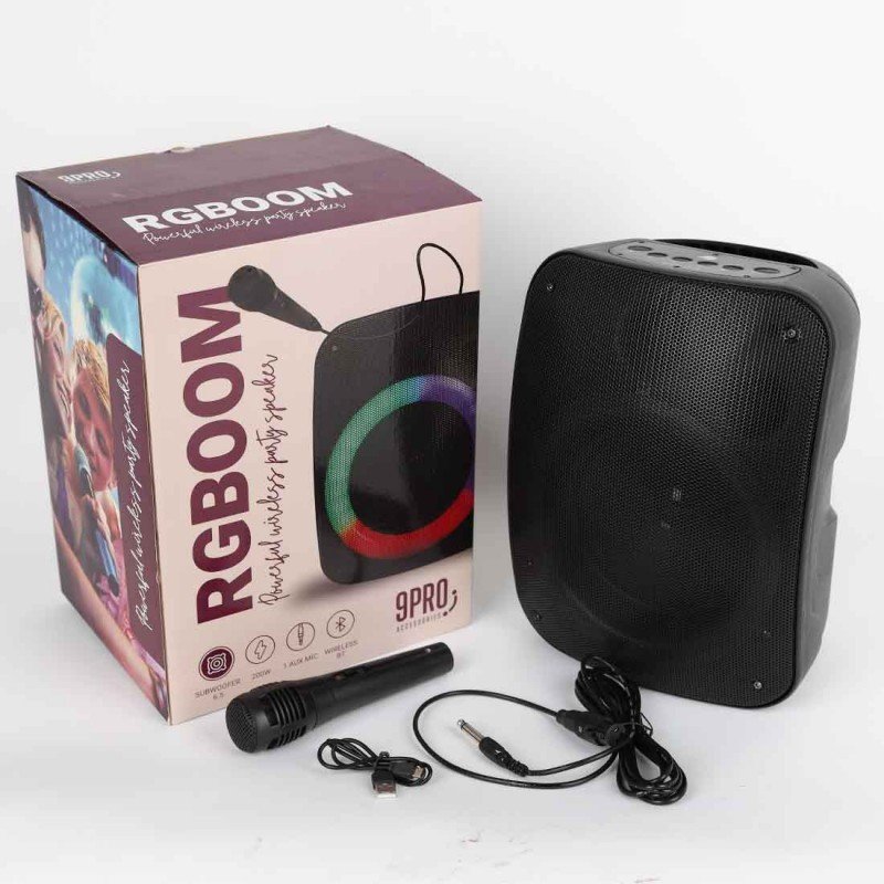 سبيكر كاريوكي لاسلكي 9PRO RGBOOM قابل لإعادة الشحن مزود بميكروفون سلكي مع اضاءة LED ملونة