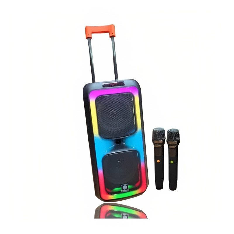 سبيكر مكبر صوت Trolley Bass 9Pro حجم 12انش مزود ب 2 ميكروفون لاسلكي مع ريموت وإضاءة LED ومقبض مع عجلات