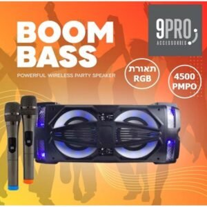 سبيكر مكبر صوت حجم كبير 12 بوصة مع 2 ميكروفون لاسلكي Boom Bass 9Pro لون أسود