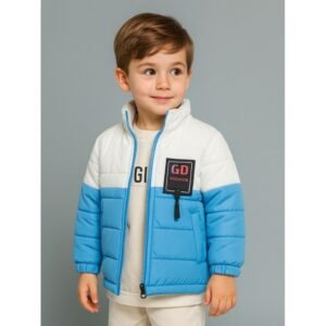 سترة شتوية مع طاقية للأطفال لون أزرق فاتح وأبيض