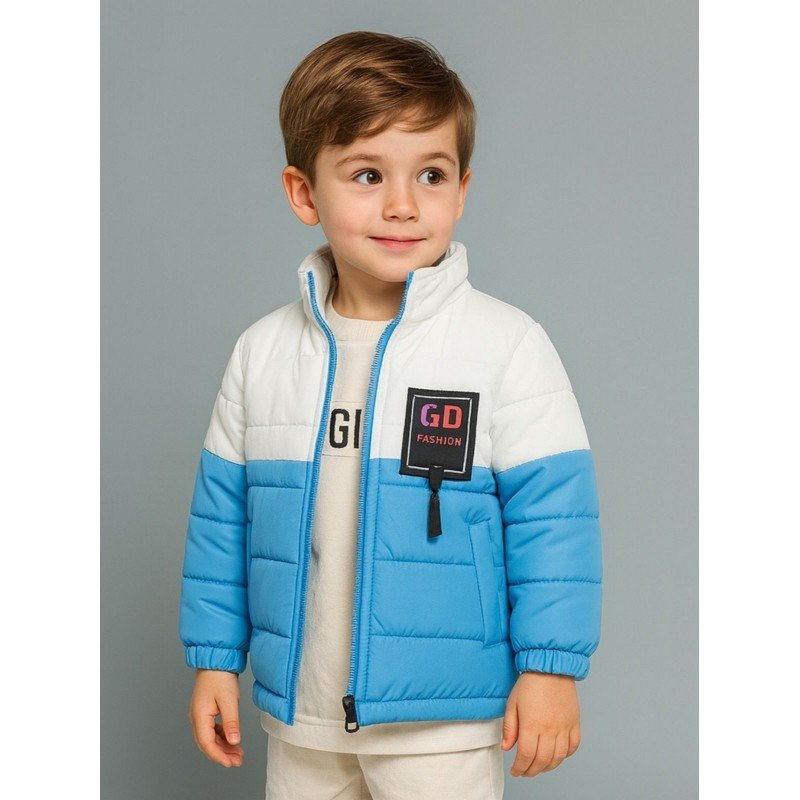 سترة شتوية مع طاقية للأطفال لون أزرق فاتح وأبيض