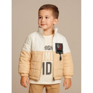 سترة شتوية مع طاقية للأطفال لون بيج فاتح وأبيض