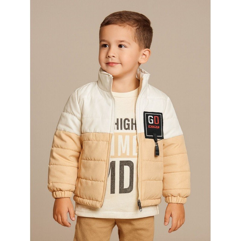 سترة شتوية مع طاقية للأطفال لون بيج فاتح وأبيض