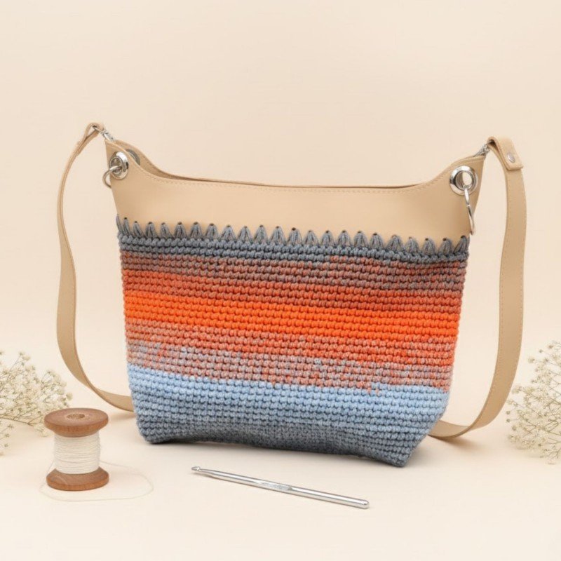 شنطة كروشية مع يد جلد لون مونس - نكشة فن