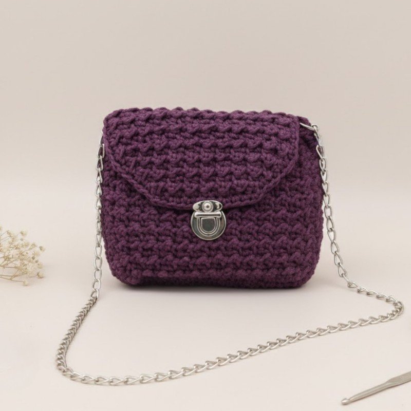 شنطة كروشية نعومة مع يد سلسلة لون ليلكي غامق - نكشة فن