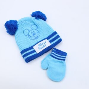 طاقية للأطفال مع كفوف لون أزرق