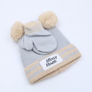 طاقية للأطفال مع كفوف لون سكني وبيج