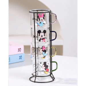 طقم 4 فناجين زجاج بتصميم ميكي ماوس مع ستاند