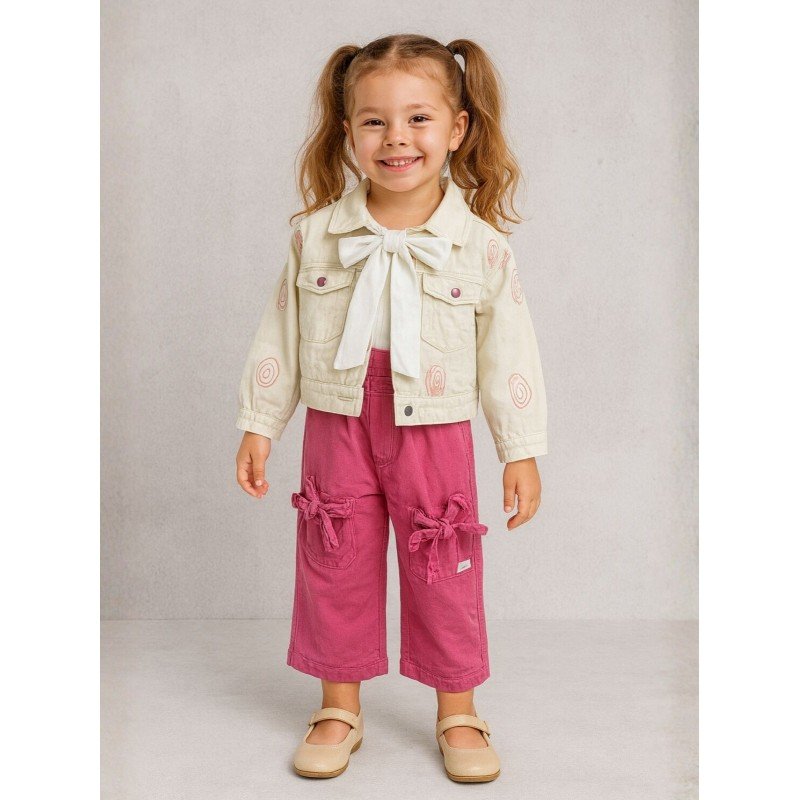 طقم بناتي جاكيت وبنطلون لون بيج وفوشي