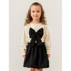 طقم بناتي فستان وتنورة أبيض وأسود