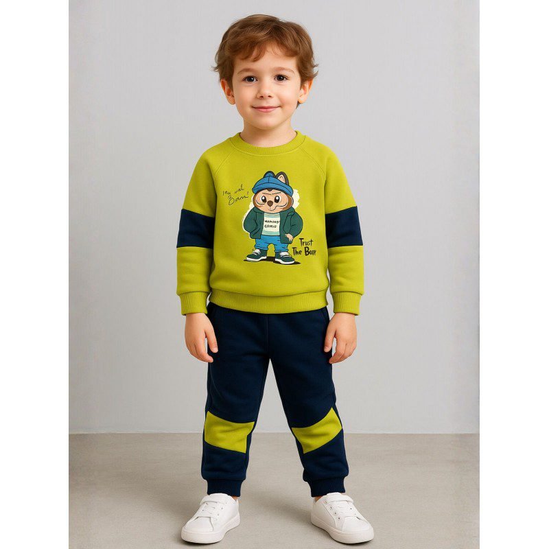 طقم بيجامة قطعتين للأطفال لون أخضر فاتح وكحلي