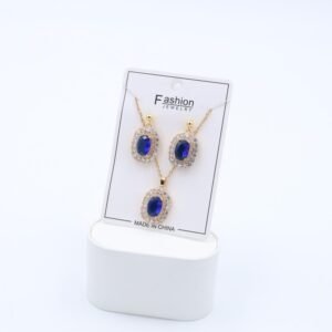 طقم حلق كريستال مع سلسال بتصميم بيضاوي كريستال نيلي لون ذهبي