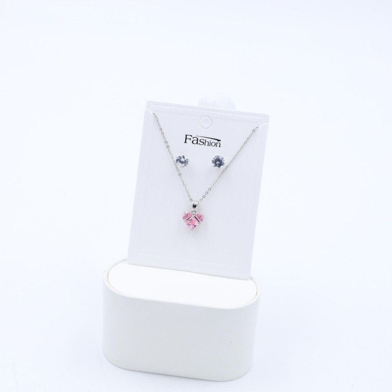 طقم حلق كرستال فضي مع سلسال بتصميم قلب زهري كريستال