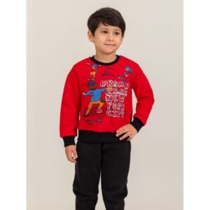 طقم قطعتين بلوزة وبنطلون ولادي لون أحمر وأسود