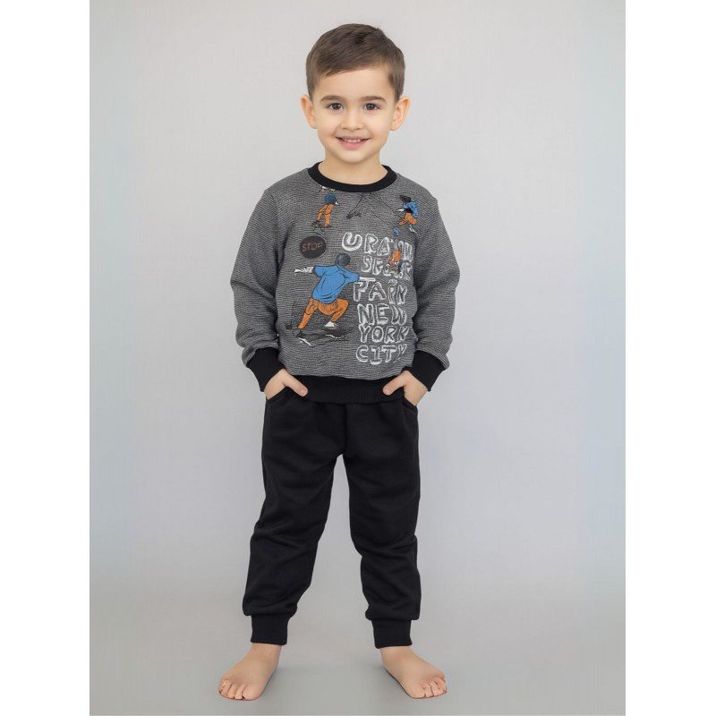 طقم قطعتين بلوزة وبنطلون ولادي لون سكني وأسود