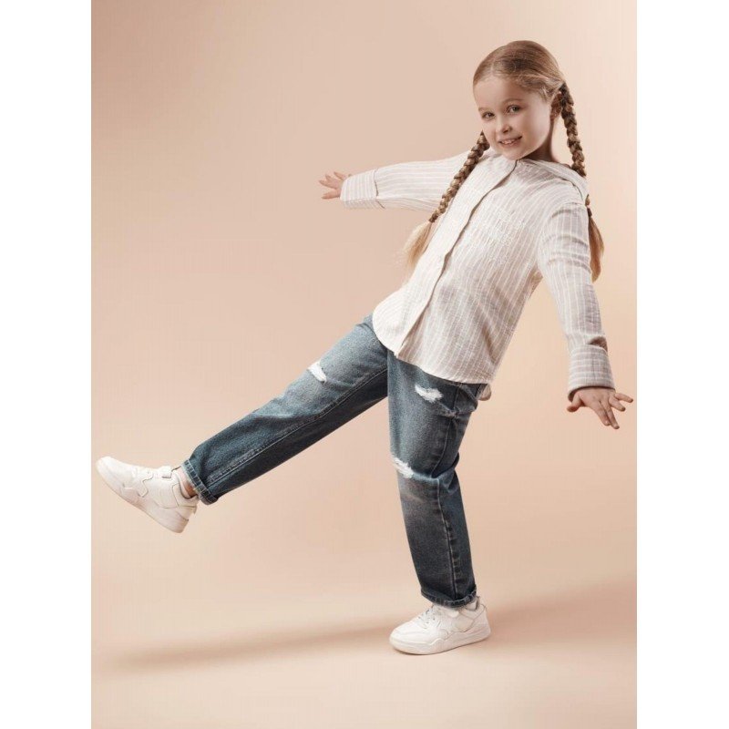 طقم قميص بناتي +بنطلون بناتي مخطط لون بيج