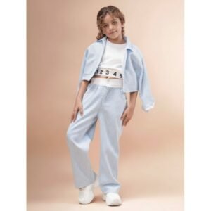 طقم قميص بناتي +بنطلون مخطط لون أزرق
