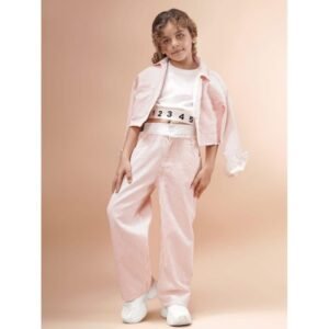 طقم قميص بناتي +بنطلون مخطط لون زهري