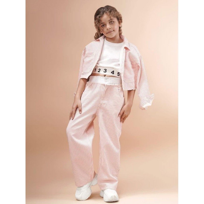 طقم قميص بناتي +بنطلون مخطط لون زهري