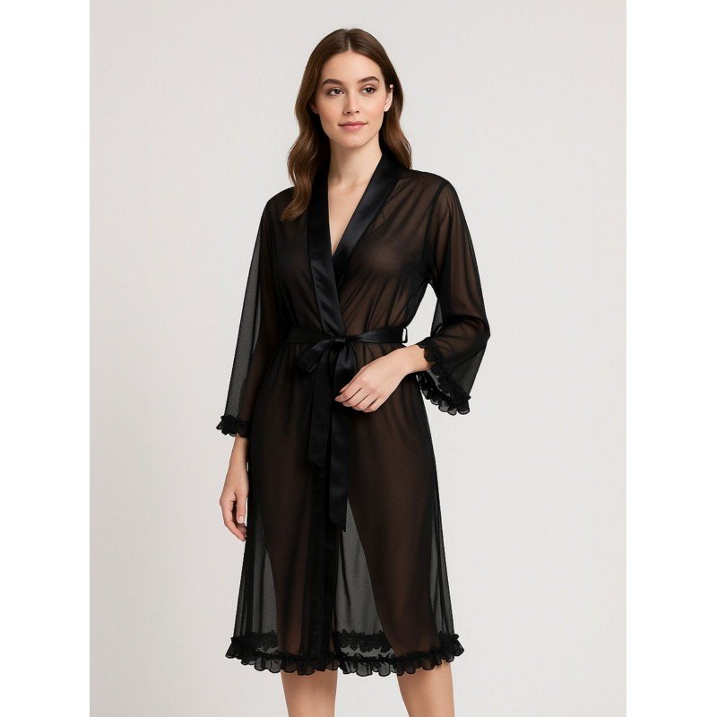 طقم لانجري قميص نوم مع روب لون أسود