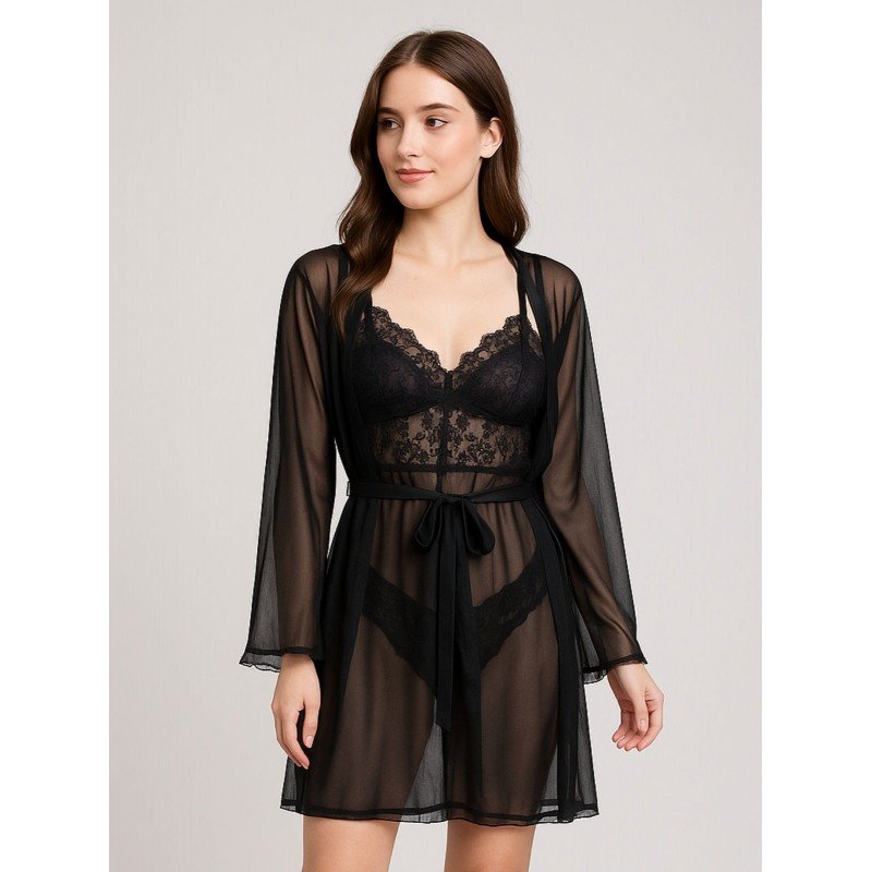 طقم لانجري قميص نوم مع روب لون أسود