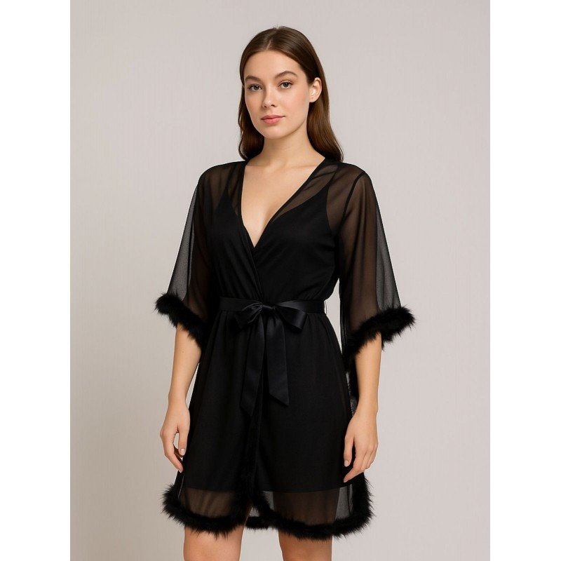 طقم لانجري روب مع قطعة داخلية وحزام لون أسود