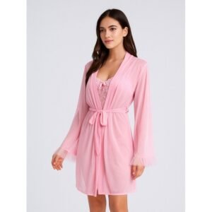 طقم لانجري قميص نوم مع روب لون زهري