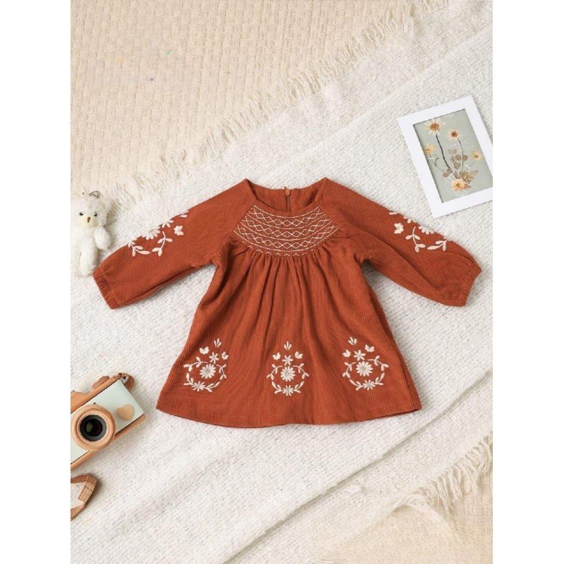 فستان بناتي بأكمام طويلة لون برتقالي