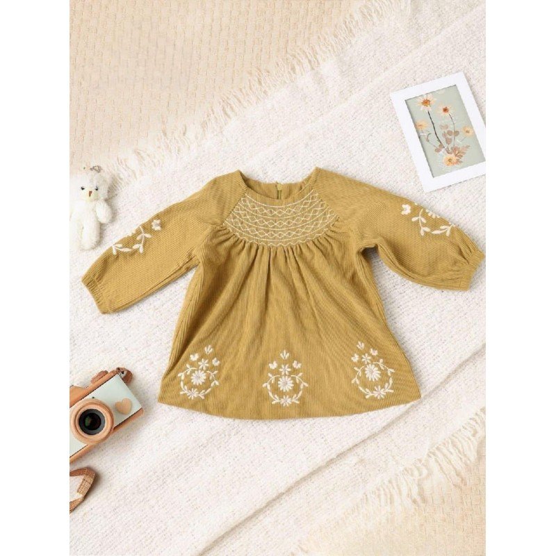 فستان بناتي بأكمام طويلة لون زيتي