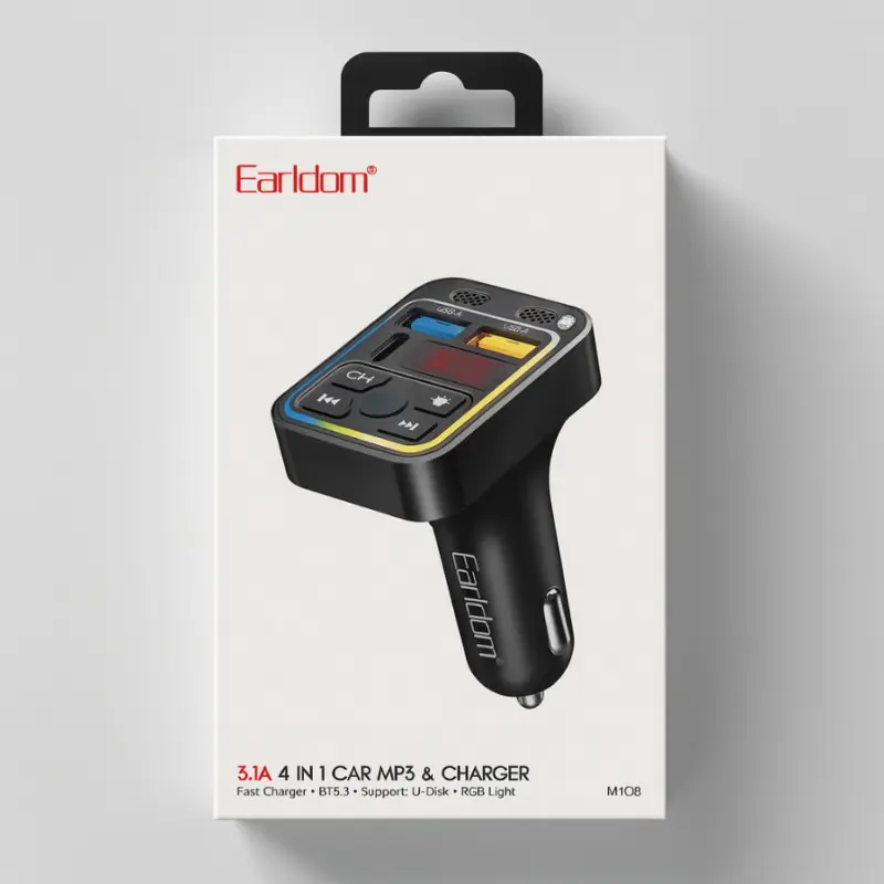 قطعة ام بي ثري وشاحن سريع مضيئة داخل السيارة جودة ممتازة earldom 4in1 car mp3+charger m108