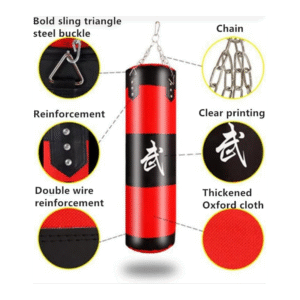كيس ملاكمة احترافي (Punching Bag) باللونين الأحمر والأسود، مزوّد بخطافات تعليق معدنية من الأعلى ومطبوع عليه حرف صيني 120 سم فارغ