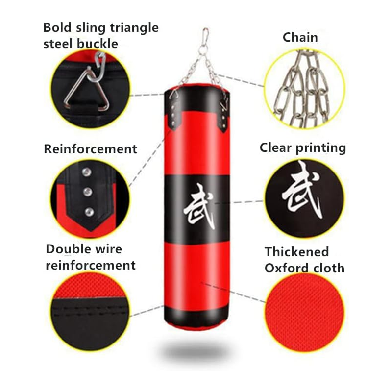 كيس ملاكمة احترافي (Punching Bag) باللونين الأحمر والأسود، مزوّد بخطافات تعليق معدنية من الأعلى ومطبوع عليه حرف صيني 120 سم فارغ