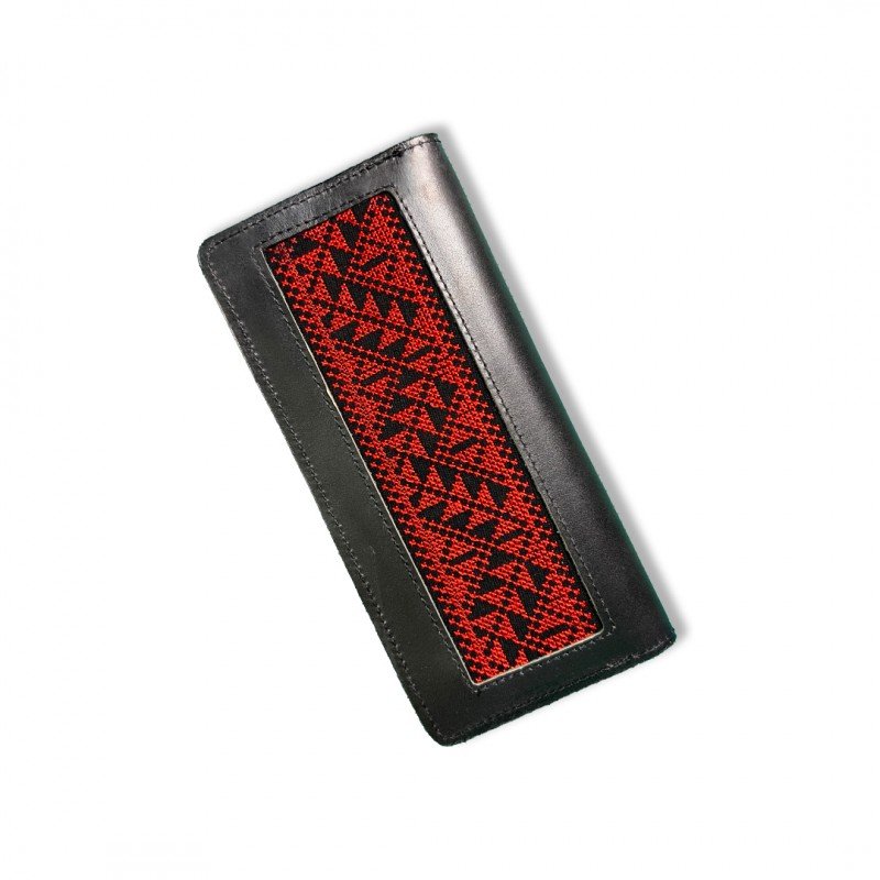 محفظة ستاتي من الجلد الطبيعي البقري مطرزة بالتطريز الفلسطيني مقاس 20×9.5 سم لون أسود