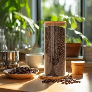 مرتبان زجاج غطاء بامبو قطر 8سم وارتفاع 20.5 سم