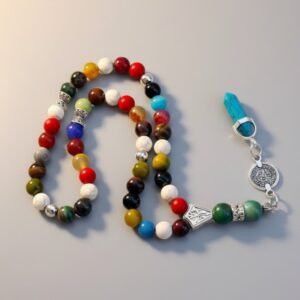 مسبحة مكس أحجار أكتر من 11 نوع أحجار مختلفة مقاس الحجر 10 مل عدد الحبات 45 حبة الشربوشة تعليقة حجر السهم أزرق