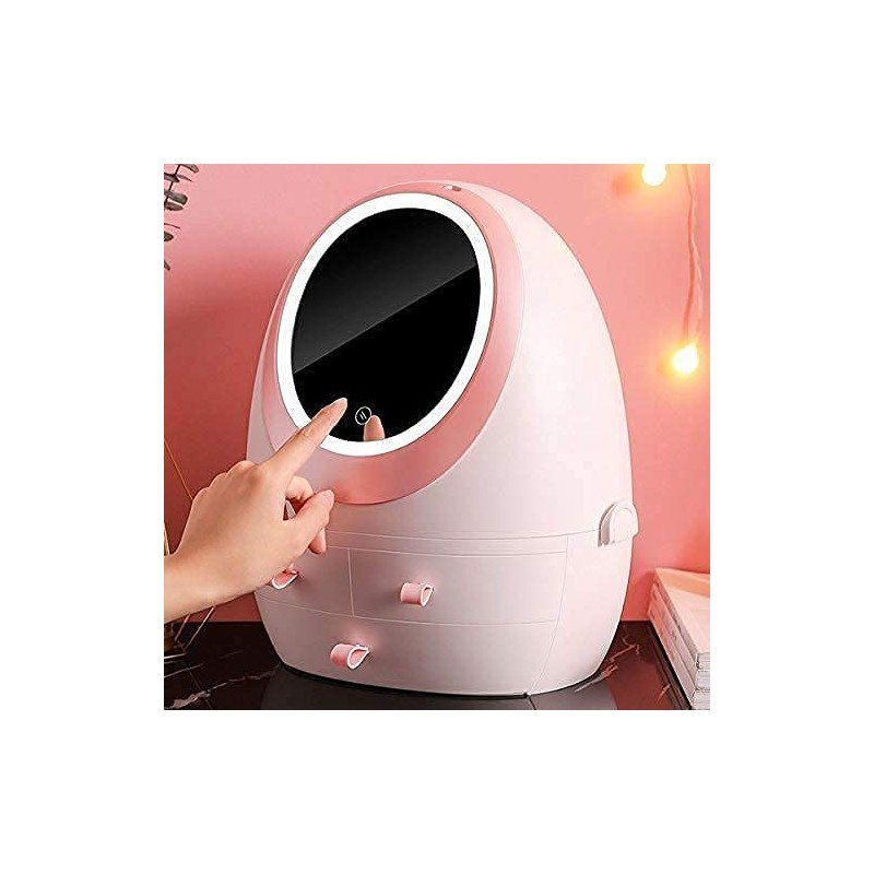 منظم المكياج مع مرآة واضاءة لون أبيض وزهري