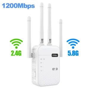 موسع نطاق Wifi مع 4 أنتينات - مع منفذين LAN - معيار نقل الواي فاي 802.11n - معدل نقل شبكة 5G Wi-Fi يصل الى 300 Mbps - قابس أوروبي-  لون أبيض