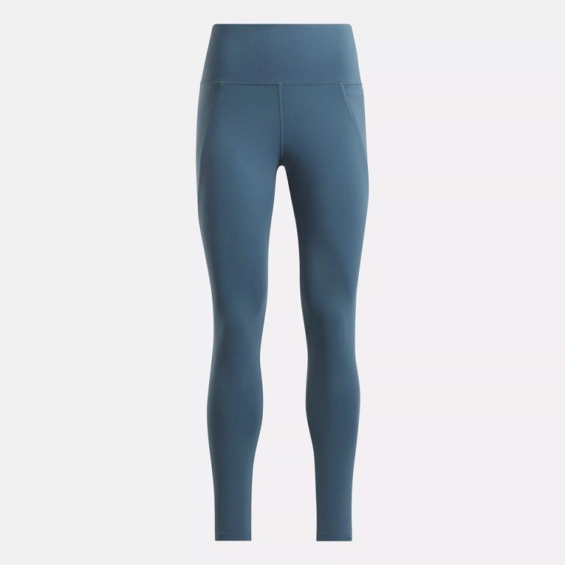 Reebok LUX HR TIGHT- C بنطال ريبوك ضيق لوكس بخصر مرتفع وتصميم كتل ألألوان لون أزرق