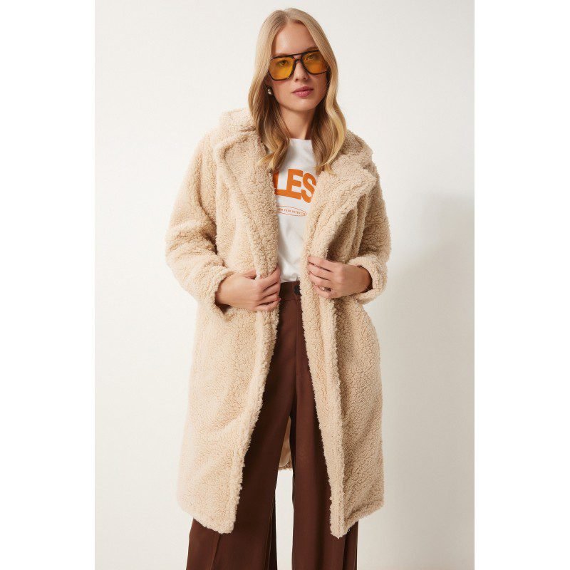 جاكيت ستاتي شتوي صوف طويل لون سكري