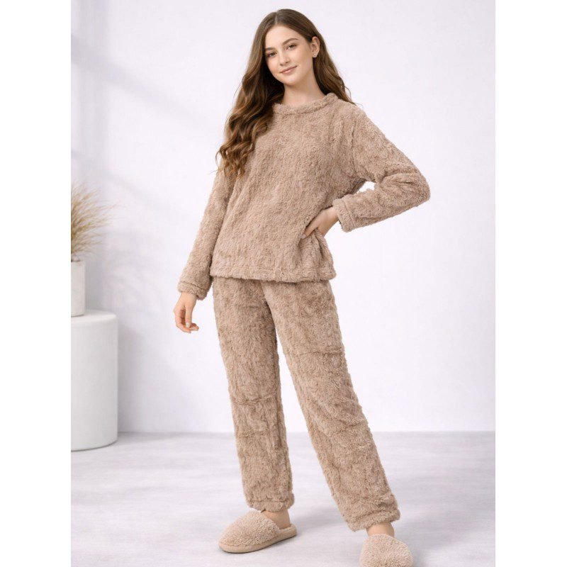 بجامة فرو قطعتين ستاتي ون سايز لون بيج غامق